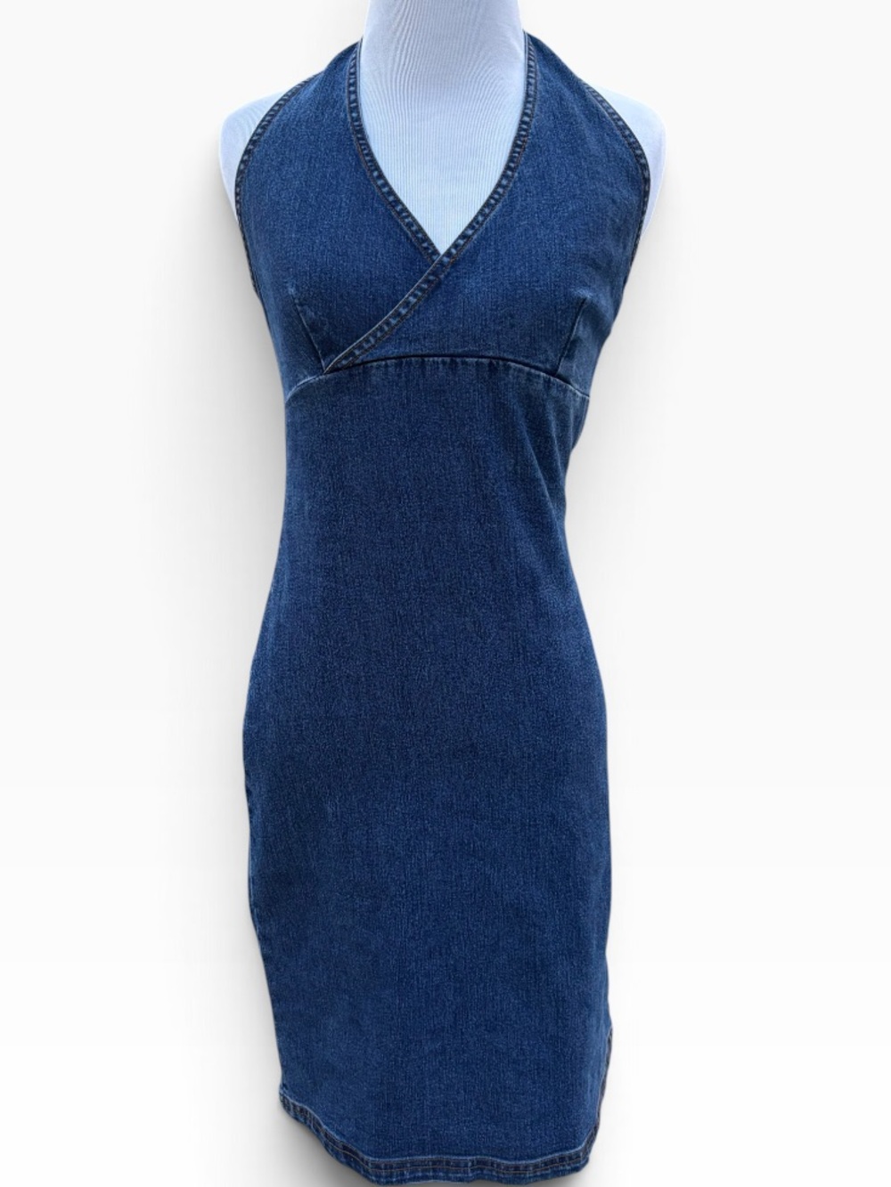 Vintage Garage Halter Denim Dress in Washed Blue